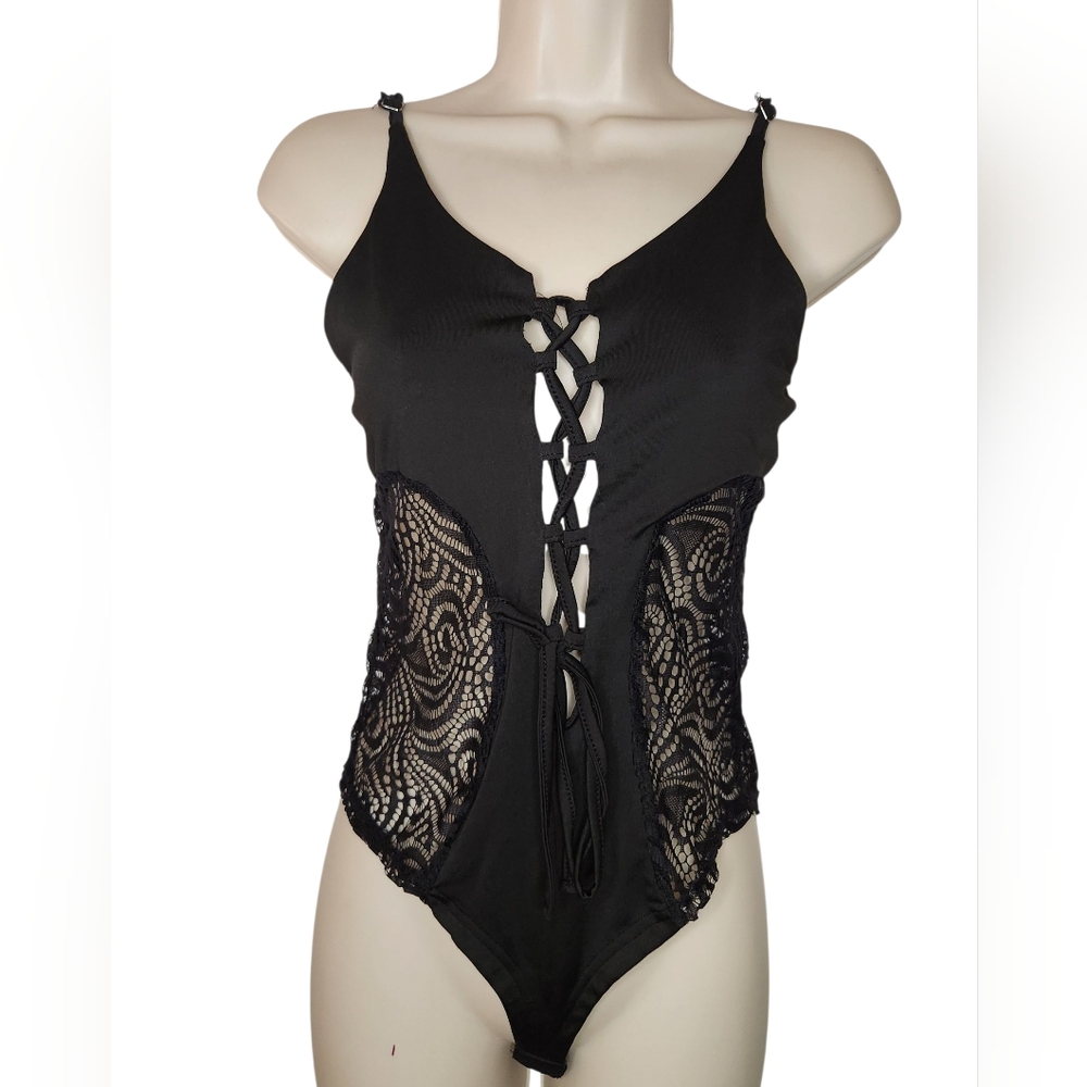 CBR Chic Me Black Lace Up Body Suit Size Small Lace Top Lingerie